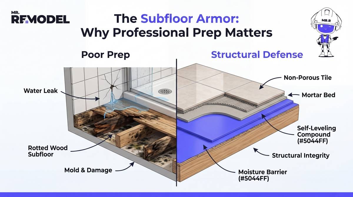 A technical cross-section diagram showing how professional moisture barriers and proper subfloor preparation prevent structural rot in bathroom floors.